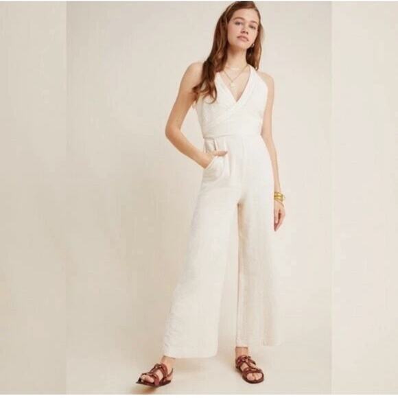 ANTHROPOLOGIE Demi Textured Jumpsuit Neutral Natural 2P Beachy Summer Boho - Picture 1 of 12
